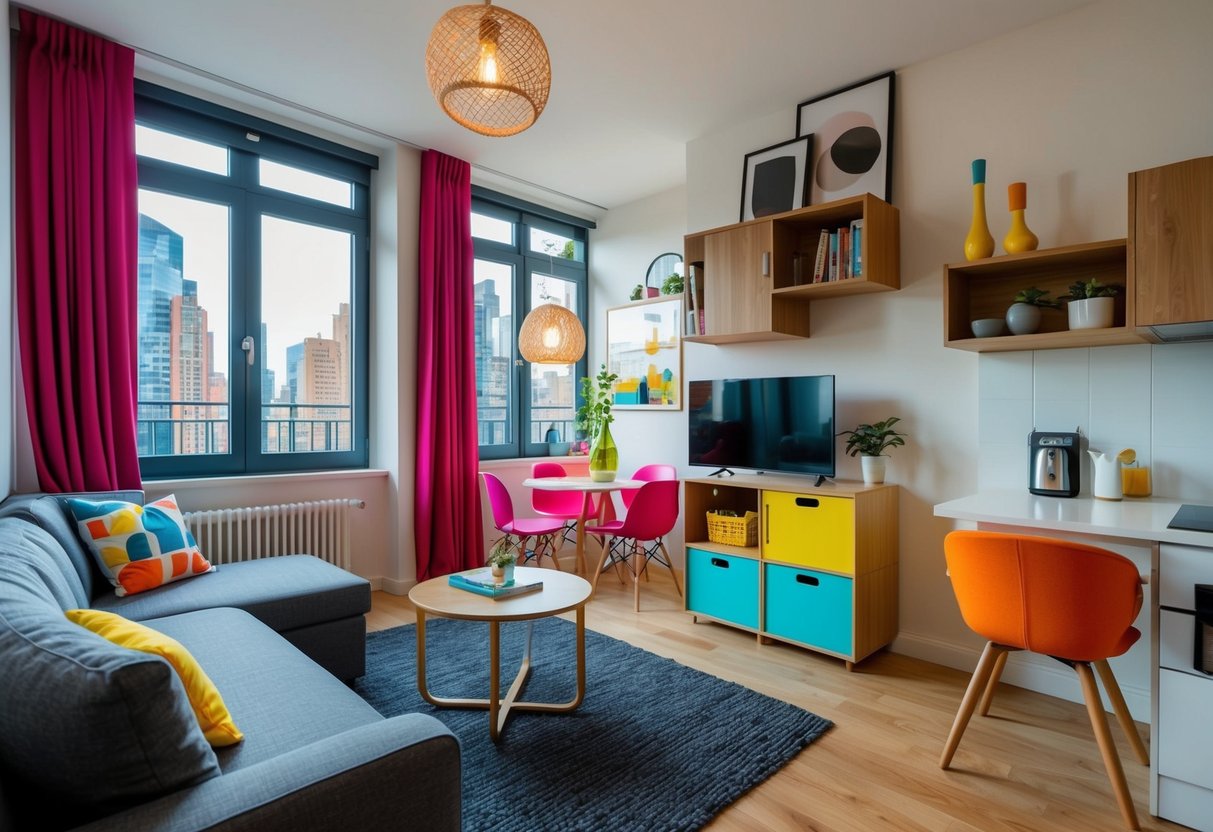 A cozy city apartment with multifunctional furniture, clever storage solutions, and vibrant decor. A compact living space with a modern and innovative design