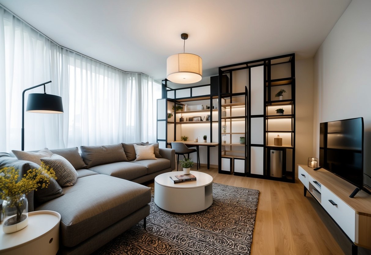 A cozy urban apartment with clever storage solutions, multi-functional furniture, and space-saving design elements. A mix of modern and minimalist decor creates a stylish and functional living space