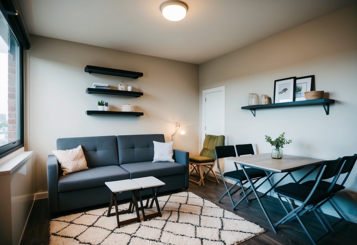 A cozy, compact living room with a convertible sofa, wall-mounted shelves, and a foldable dining table surrounded by space-saving chairs