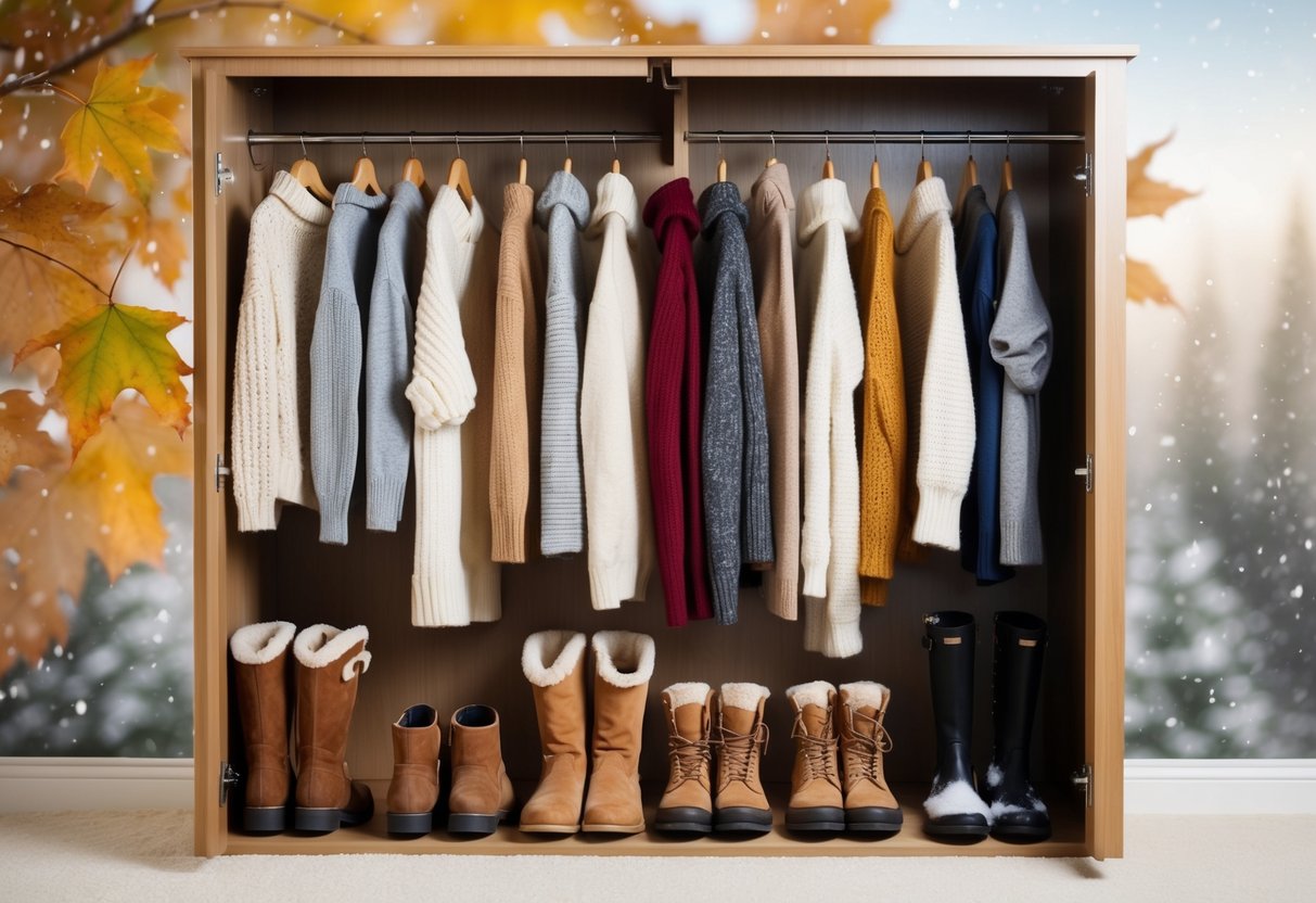 A closet with a mix of light and warm clothing, including sweaters, scarves, and boots, with a backdrop of changing leaves and a hint of snowfall