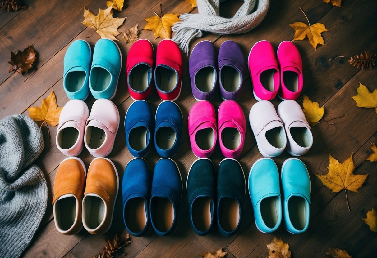 A colorful array of shoes arranged on a wooden floor, surrounded by fallen leaves and a cozy scarf