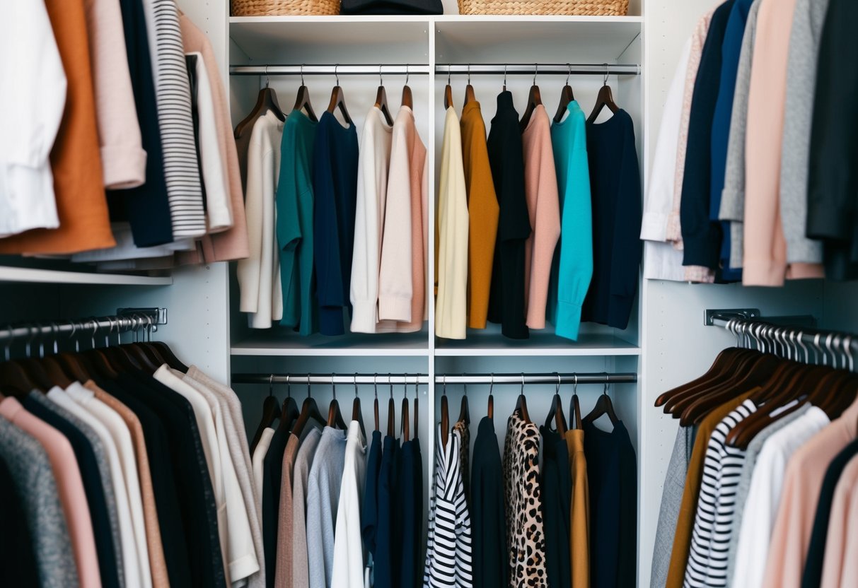 A closet with neatly organized shelves filled with various essential tops in different colors and styles, ready to be layered for the changing seasons