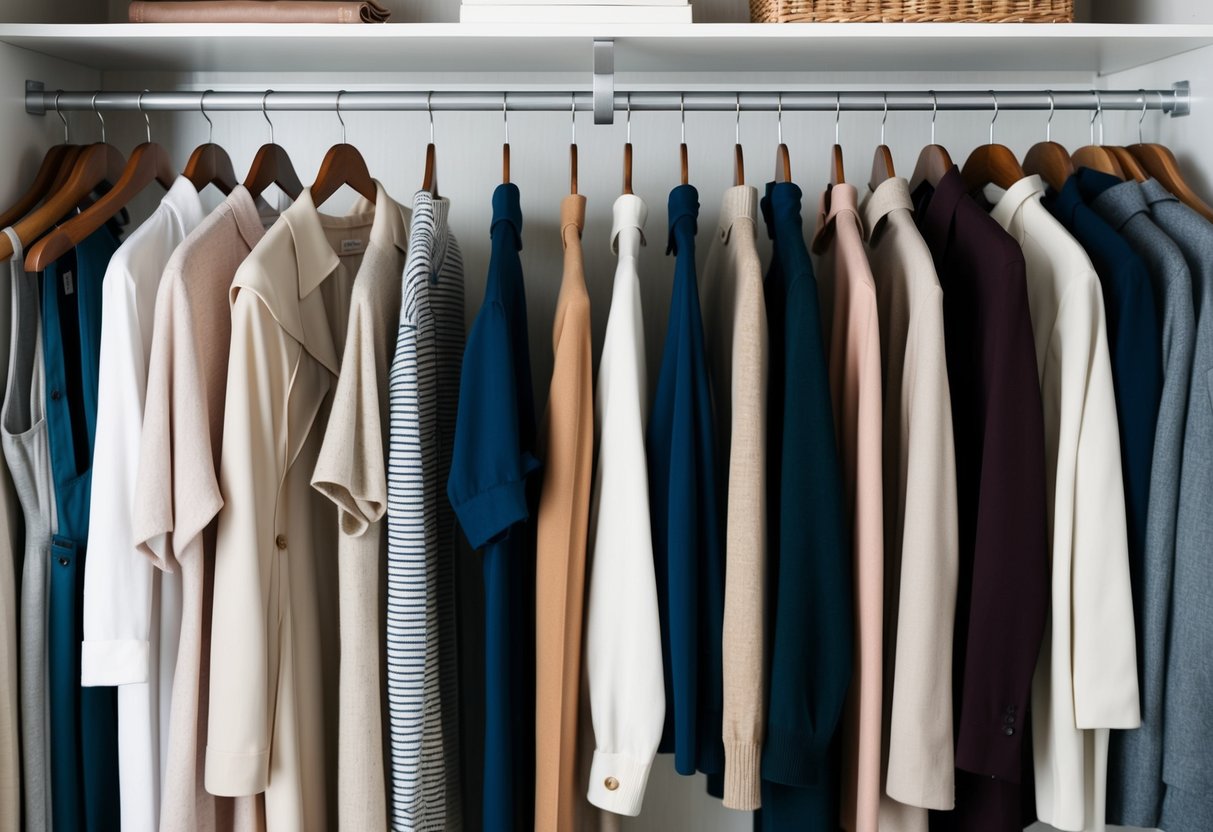 A well-organized closet filled with classic, versatile clothing items in a range of neutral colors and timeless silhouettes