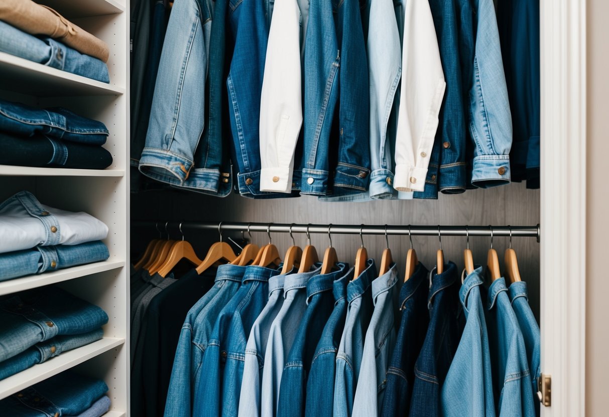 A closet filled with classic denim pieces, including jeans, jackets, and shirts, neatly organized and ready to be styled for any occasion