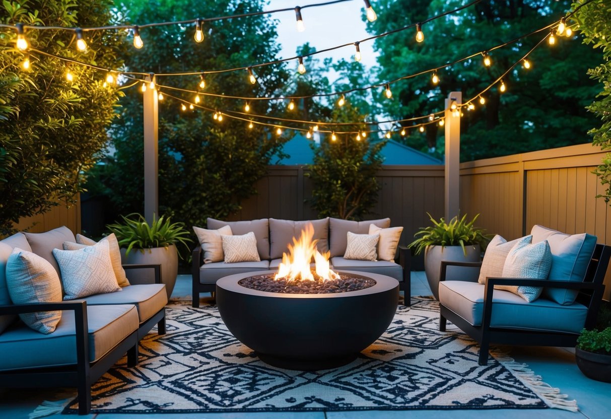 A modern patio with cozy seating, a sleek fire pit, and trendy outdoor rugs, surrounded by lush greenery and twinkling string lights