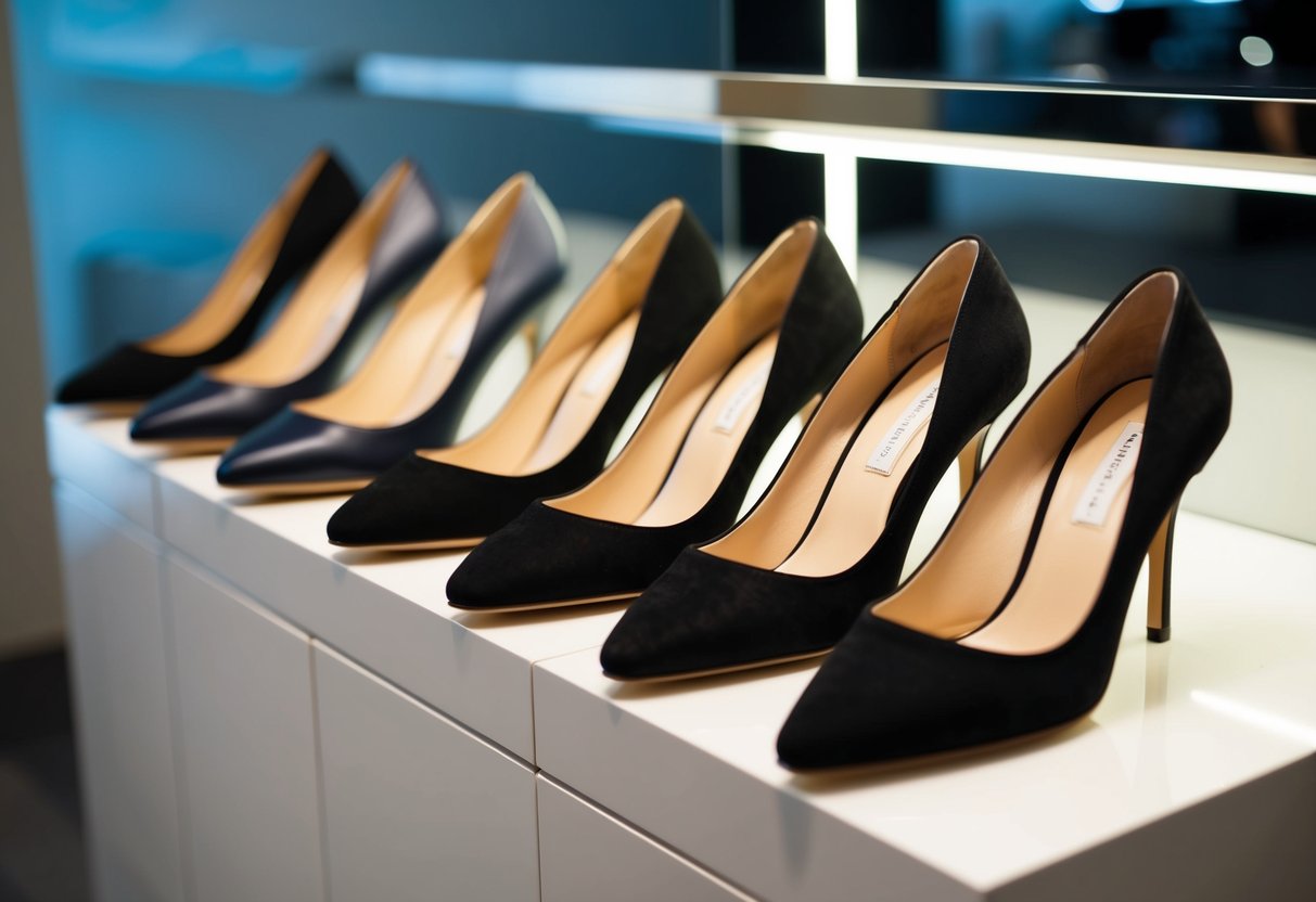 A row of classic, elegant shoes displayed on a sleek, modern shelf. Each pair exudes timeless style and sophistication, ready to elevate any fashionista's wardrobe