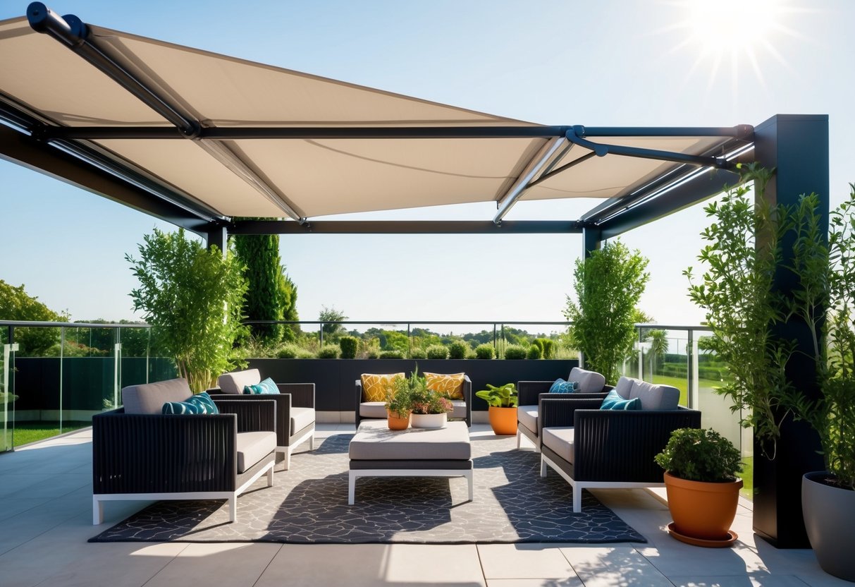 A modern patio with sleek, retractable awnings, comfortable seating, and vibrant potted plants. The sun shines through the stylish shade solutions, creating a welcoming outdoor space for summer