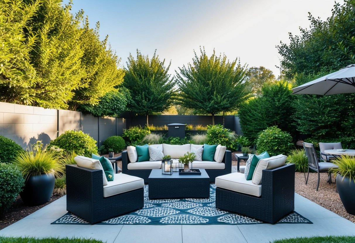 A modern patio with trendy furniture, surrounded by lush greenery and landscaping, creating a stylish outdoor space for summer relaxation